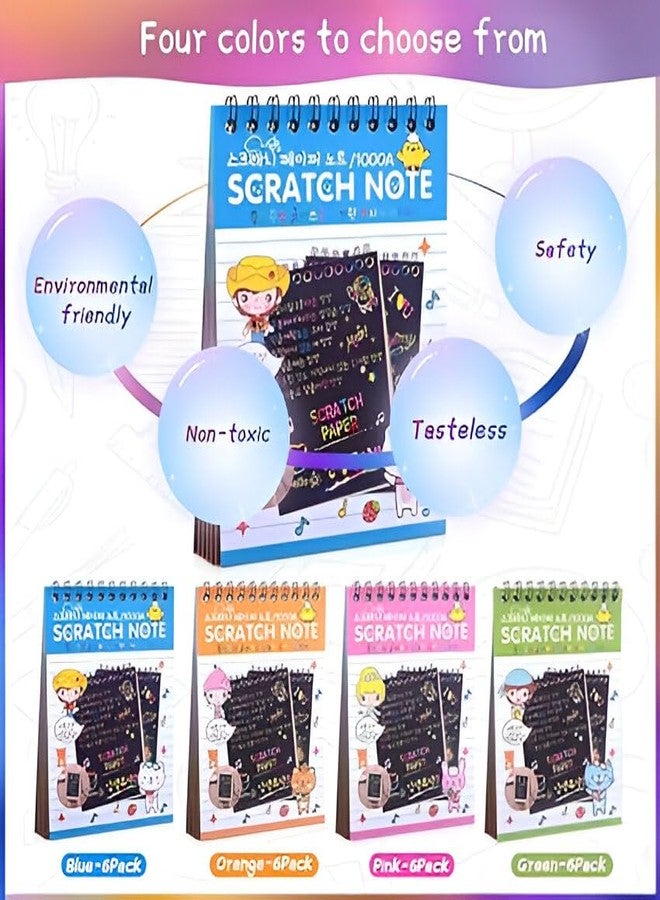 VINTAGER كتاب خدش صغير بتصميم عتيق، مقاس A6 صغير، ورق رسم وخدش بألوان قوس قزح مع قلم للخدش، مجموعة فنية، هدية مثالية للأطفال، دفتر تلوين، فن سحري أسود (عبوة من 4 قطع) - Image 4